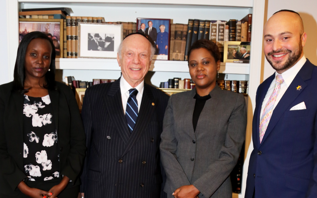 (L-R) Jacqueline Murekatete, Rabbi Arthur Schneier, Consolee Nishimiwe, Jonny Daniels