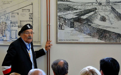 Survivor Samuel Willenberg presenting his drawings of Treblinka II in the Museum of Struggle and Martyrdom at the site of the camp. On the right, the "Lazaret" killing station.