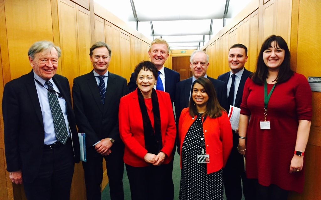 Photo (left to right) Lord Alf Dubs, Matthew Offord MP, Baroness Sarah Ludford, Oliver Dowden MP,Tulip Siddiq MP, Jonathan Arkush, Wes Streeting MP, Ruth Smeeth MP