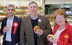 Sadiq Khan, Andrew Dismore, and Alison Moore at Carmelli's in Golders Green
