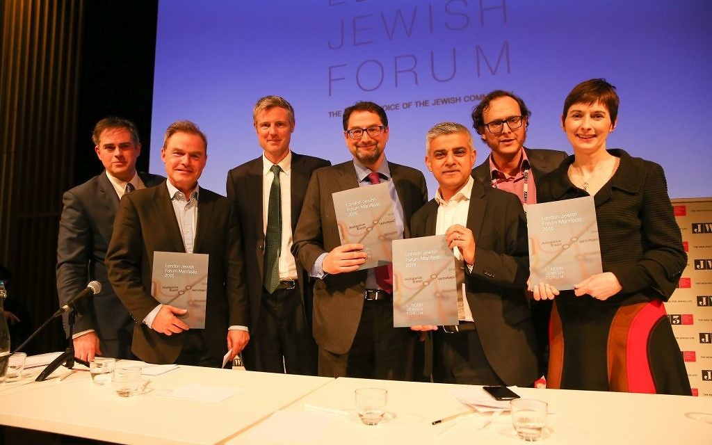 All the candidates at the Jewish News, London Jewish Forum Mayoral hustings with  JW3, holding the LJF's manifesto.