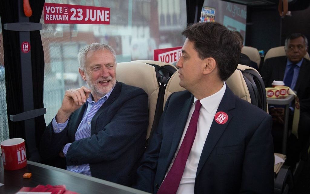 Corbyn and Miliband on the Remain battle bus.