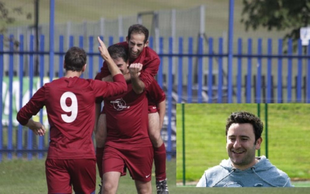 Blizzard Storm in happier times, celebrating a goal on their way to promotion, inset - former manager Simon Linden