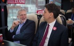 Jeremy Corbyn and Ed MIliband on the Vote Remain battle bus together Jeremy Corbyn and Ed MIliband on the Vote Remain battle bus together