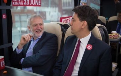 Jeremy Corbyn and Ed MIliband on the Vote Remain battle bus together
