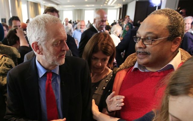 Labour Leader Jeremy Corbyn with Marc Wadsworth (right), who runs Momentum Black Connexions, following a speech on Labour's anti-Semitism inquiry findings.