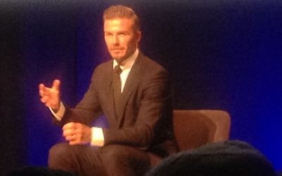 David Beckham speaking with Kirsty Young in front of the excitable JW3 audience