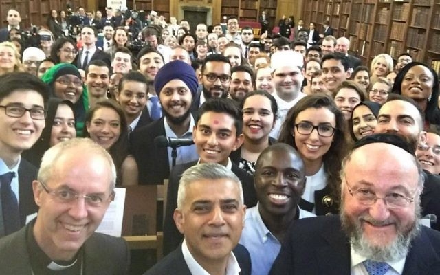 Chief Rabbi (front, right) with London Mayor Sadiq (centre)  Khan and the Archbishop of Canterbury Justin Welby (left), join people of all faiths at an interfaith Ramadan event in June 2016