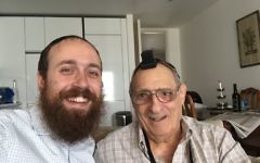 With Rabbi Mendy Korer (l) with Samuel Lyons (r) after the bar mitzvah boy laid tefillin