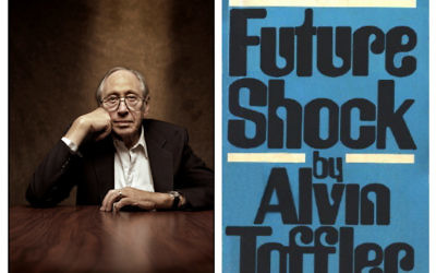 Alvin Toffler (L) with his most famous work 'Future_shock' (R)