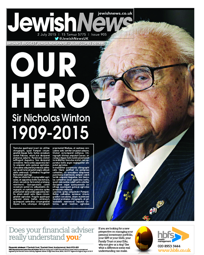The Jewish News front page upon Sir Nicky's death