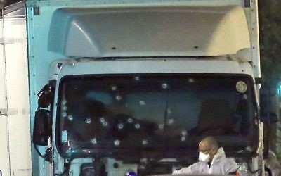 Bullet holes in the lorry used by a terrorist to murder over 80 people in the French coastal city of Nice