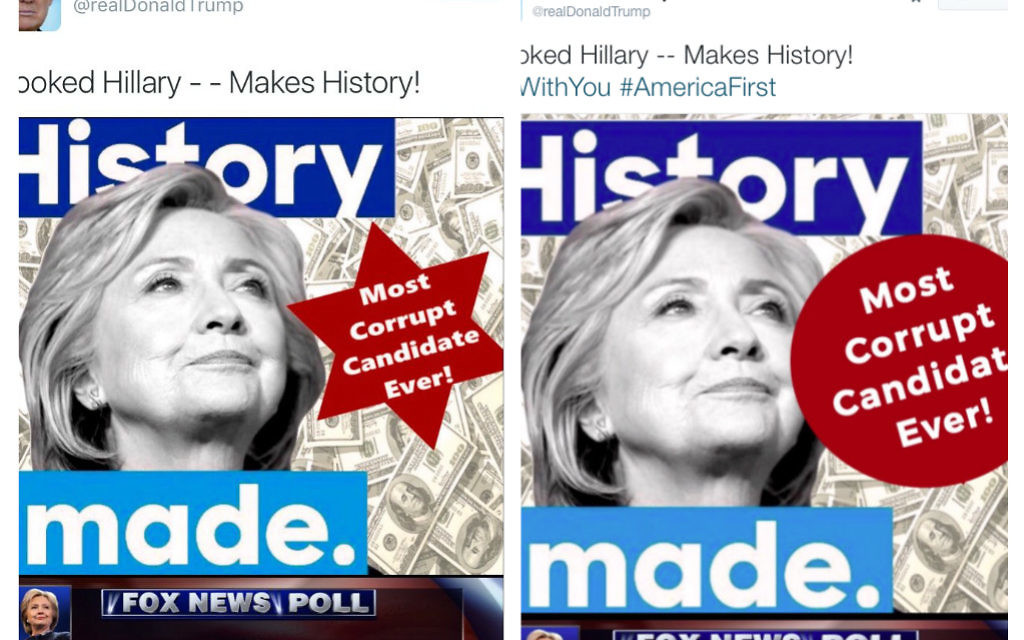 The original tweet sent by Donald Trump picturing Hillary with the Star of David, and the amended version.