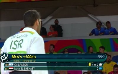 Or Sasson walks off in disgust after his beaten Egyptian opponent refused to shake his hand