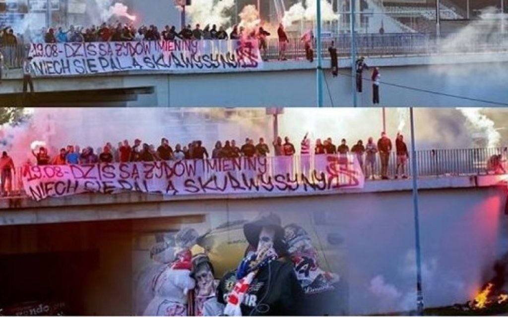 Dozens of football fans were captured burning effigies and displaying anti-Semitic banners. Picture: wyborcza.pl