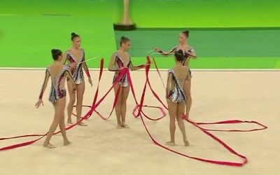 Israel's five rhythmic gymnasts during their first routine of Sunday's final