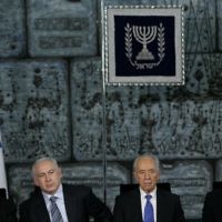 L-R: President Reuven Rivlin, PM Benjamin Netanyahu and ex-President,  PM Shimon Peres