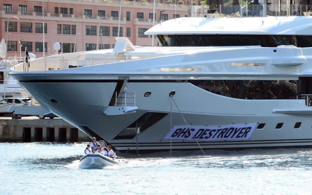 Picture taken from the Twitter feed of Lee Nelson showing the TV comedian and his team renaming Sir Philip Green's prize £100million super yacht the 'BHS Destroyer'.