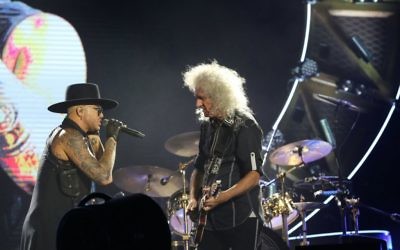 Queen frontman Adam Lambert with legendary guitarist Brian May in Tel Aviv