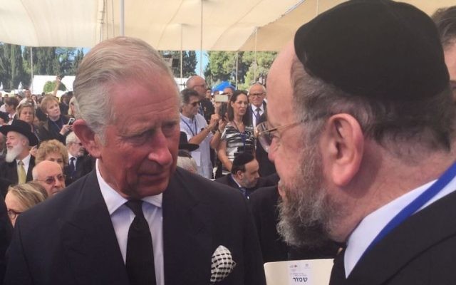Chief Rabbi Mirvis speaking with Prince Charles during the funeral