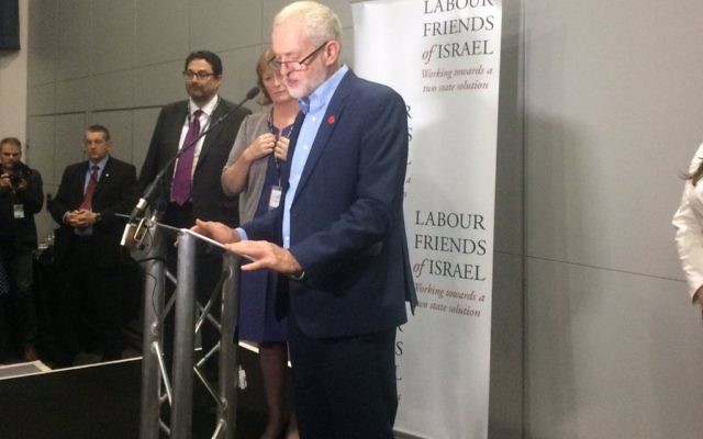 Jeremy Corbyn addressing Labour Friends of Israel in 2016, during the Labour Party conference