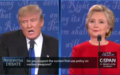 Trump and Clinton during a debate, answering questions on Iran (Screenshot from a video)