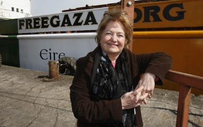 Mairead Maguire stands beside the Cargo ship the MV Rachel Corrie as the Nobel peace laureate has described her detention by the Israeli navy as she tried to reach Gaza by sea as kidnap. (Photo credit: Niall Carson/PA Wire)