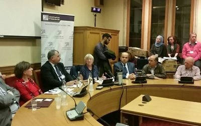 The panel event in parliament, held by the Palestine Return Centre. Baroness Tonge is sitting second from the left in red.