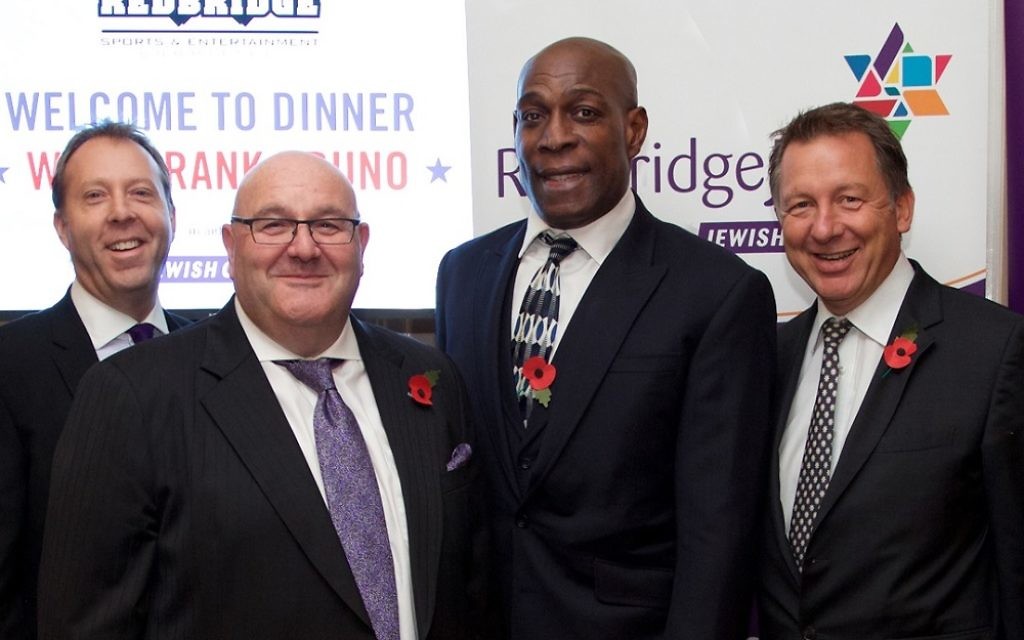Andrew Klein, Daren Burney, Frank Bruno, Matt Lorenzo at Jewish Care's Redbridge Sports Dinner. Photo: Paul Lang Photography