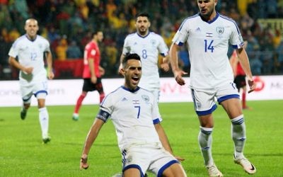 Eran Zahavi (Captain) celebrates his goal against Albania