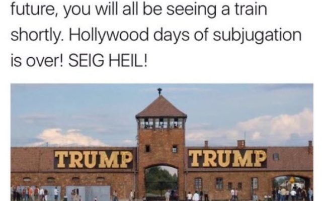 A screenshot of a tweet, featuring Auschwitz with 'Trump' on the infamous entrance