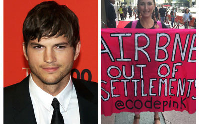 Ashton Kutcher (left) with Ariel Gold, who confronted him, on the right, (Photo credit: David Mercer/PA Wire)