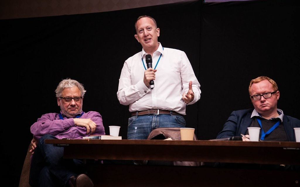 Left to right: Momentum chief Jon Lansman next to chair of the Jewish Labour Movement Jeremy Newmark and Luke Akehurst, a Labour activist at Limmud  (Photo Credit: Eli Gaventa)