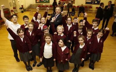 Pupils from Hasmonean Primary School with headteacher Alan Shaw