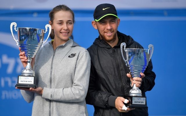 Deniz Khazaniuk and Dudi Sela with their trophies. Picture: Israel Tennis Association