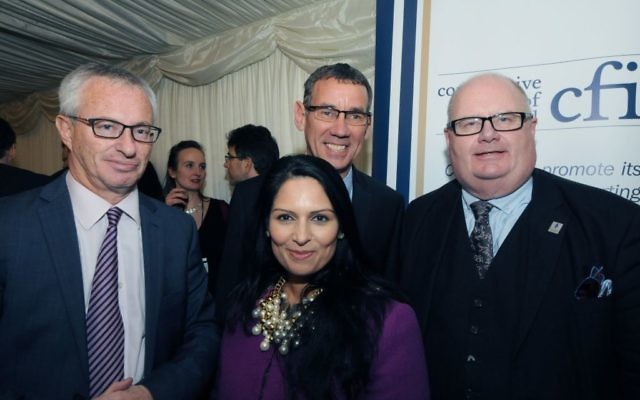 L-R: Stuart Polak, Honourary President of CFI with Israel's Ambassador to the UK Mark Regev and Sir Eric Pickles, parliamentary CFI chairman Sir Eric Pickles  with Priti Patel (centre)