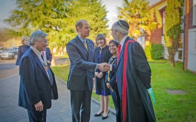 Prince Edward arriving at Maidenhead Synagogue, where he was greeted by Rabbi Romain with the Lord Lieutenant of Berkshire and Mayor of Maidenhead