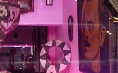 The portrait of Oswald Mosley on display in the Hackney store's window last weekend.