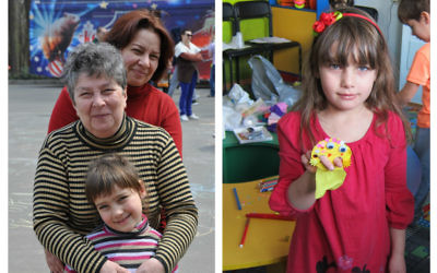 Left: The Metlyaev family in a local park. Right: Nastya Metlyaeva at a 'hand-made workshop'