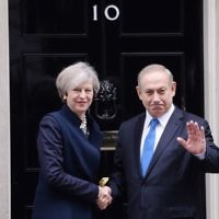 Prime Minister Theresa May greets Israeli Prime Minister Benjamin Netanyahu as he arrived in Downing Street in February 2017 (Photo credit: Stefan Rousseau/PA Wire)