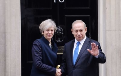 Prime Minister Theresa May greets Israeli Prime Minister Benjamin Netanyahu as he arrived in Downing Street in February 2017 (Photo credit: Stefan Rousseau/PA Wire)