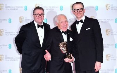 Mel Brooks with the Lifetime Achievement Award actors alongside Simon Pegg (right) and Nathan Lane during the EE British Academy Film Awards  at the Royal Albert Hall (Photo credit: Ian West/PA Wire)