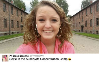 Teenager Brianna Mitchell was condemned in 2014 for posting this smiley selfie on Twitter during a visit to Auschwitz.