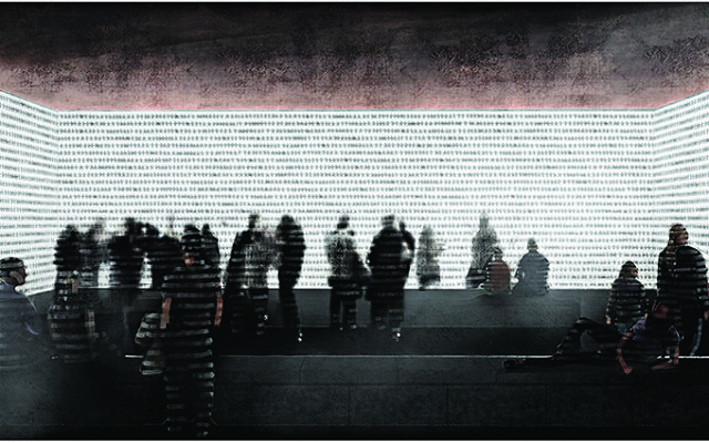 Foster + Partners-Michal Rovner (UK) 

'Projected images of an endless procession of human figures resonate with exodus or human text that seems to go on forever like the unspoken testimonies'