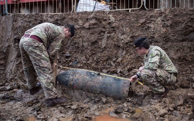 Photo issued by the Ministry of Defence, of a Second World War bomb which was discovered on a building site in Brent, north-west London. 

(Photo credit should read: Sgt Rupert Frere/MoD Crown Copyright/PA Wire)
