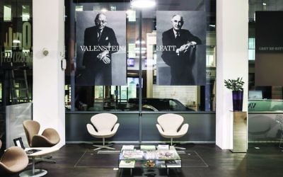 The lobby of Grey London, with pictures of its two Jewish founders, Lawrence Valenstein and Arthur Fatt