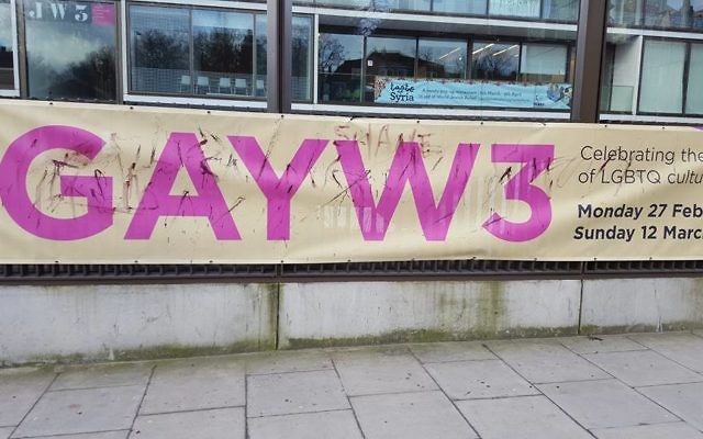 JW3 poster advertising 'GayW3' vandalised in March 2017