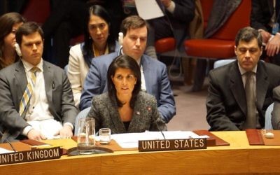 Nikki Haley (centre) at the UN