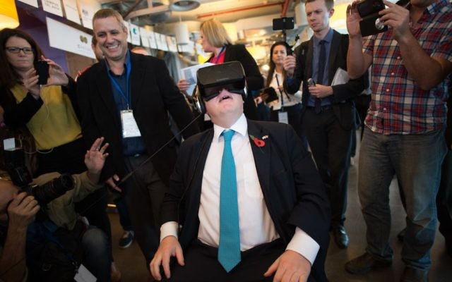 Ex-Mayor of London Boris Johnson tries on an Oculus virtual reality headset at Google's offices in Tel Aviv, Israel, at the start of a four day trade visit to the region in 2015.