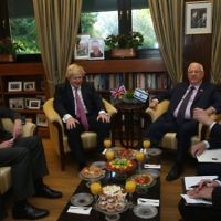 David Quarrey, Boris Johnson, Reuven Rivlin, and Mark Regev during discussions at the president's residence